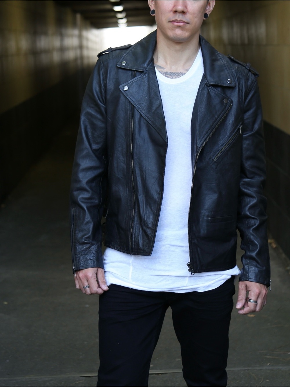 Blank NYC Men's Black Leather Cross Fade Bomber Jacket in Small